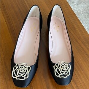Like NEW! kate spade dressy Black Satin Rhinestone gold embellished rose flats 9